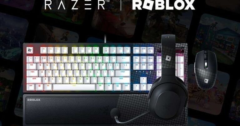 Teclado, mouse y auriculares con la marca Roblox provenientes de Razer